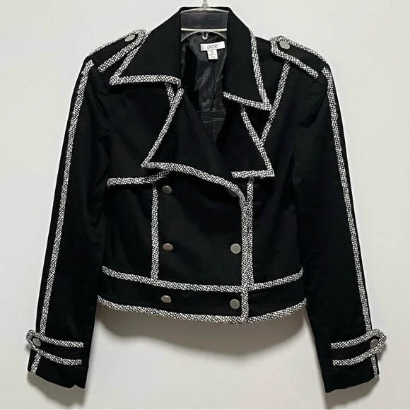 CACHE Vintage Black SOFT Cotton double breasted Tweed Trim short MOTO jacket - Picture 1 of 9